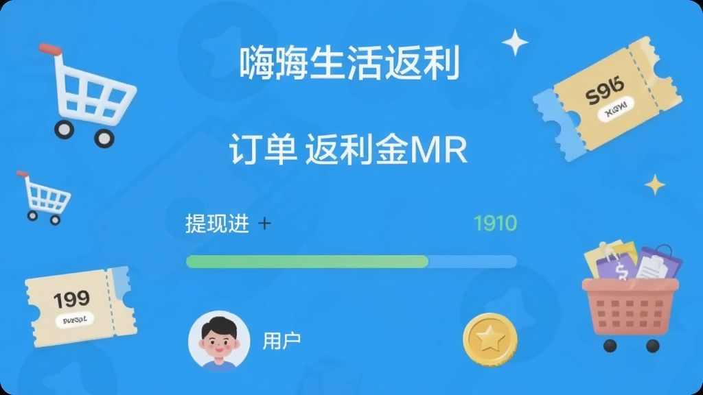 嗨生活返利界面,显示订单返利金额、提现进度条,用户头像和金币图标,背景为购物车和优惠券元素,简约明快,适合Boogu模型生成