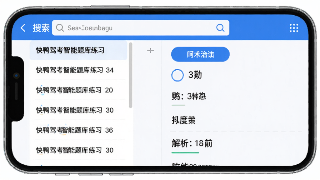 快鸭驾考智能题库练习界面,左侧是题目列表,右侧有选项和解析,背景为白色,手机界面显示大量题目条目,顶部有搜索框,色调以蓝白为主,突出专业感,适合Boogu模型生成。
