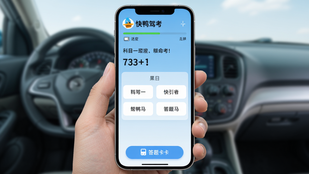 快鸭驾考手机应用界面截图,显示科目一答题界面,背景为浅蓝色渐变,手机屏幕中央有随机题目和四个选项,顶部显示快鸭驾考logo和进度条,下方有答题卡按钮,整体风格清新明亮,适合Boogu模型生成。