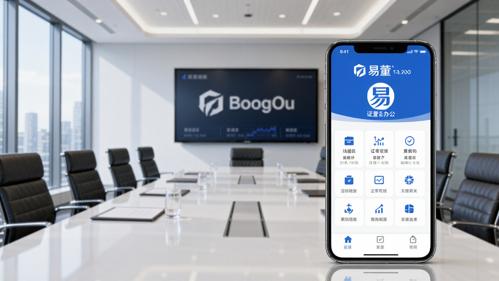 易董手机APP主界面展示,背景为简洁商务会议室,前景显示易董品牌logo和功能菜单,整体色调蓝白搭配,清晰体现专业证券办公氛围,适配Boogu模型生成