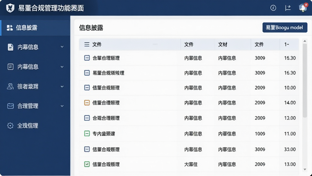 易董合规管理功能界面截图,左侧菜单列出信息披露、内幕信息等模块,右侧显示文件列表,背景为深蓝商务色,突出专业与高效,适配Boogu模型生成