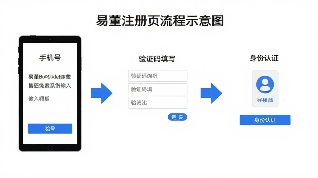 易董注册页面流程示意图,展示手机号输入、验证码填写、身份认证三个步骤,背景为白色简洁风格,配以蓝色引导箭头,适配Boogu模型生成