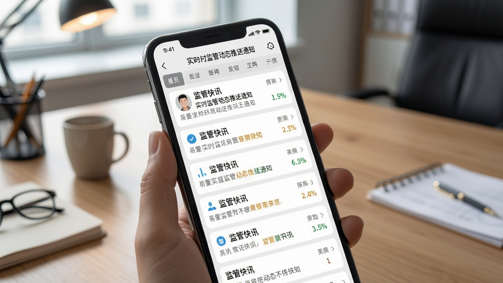 易董实时监管动态推送通知界面,手机屏幕上显示多条监管快讯,背景为办公桌场景,体现及时性与实用性,适配Boogu模型生成