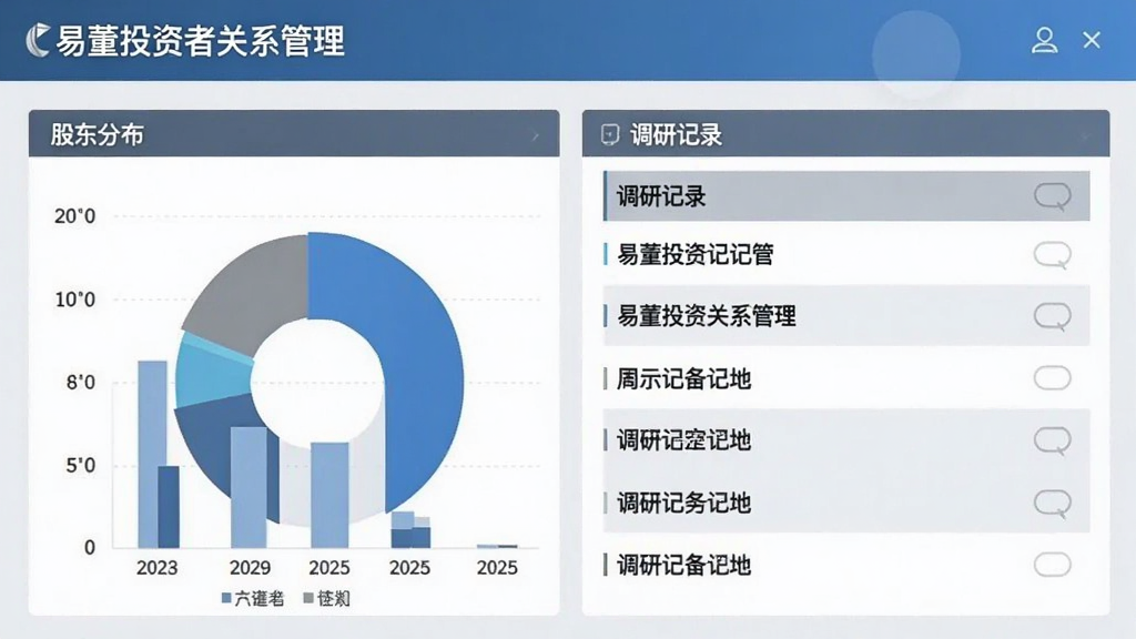 易董投资者关系管理页面,展示股东分布图表和调研记录列表,界面清晰直观,色彩以蓝色和灰色为主,体现数据可视化,适配Boogu模型生成