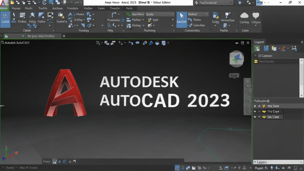 提示词:Autodesk AutoCAD 2023珊瑚海精简版软件界面,包含绘图工具栏、三维建模视图、图层管理面板,背景为深色工作区,画面整洁专业,适合作为软件封面图