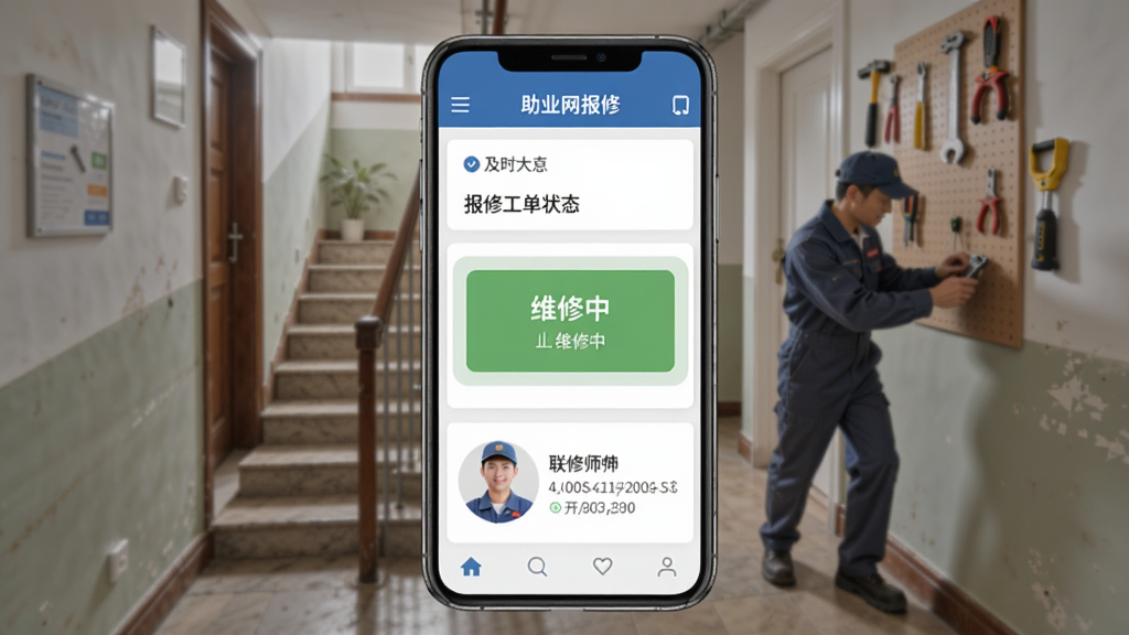��ҵ�����޹��ܽ��棬�ֻ���ʾ���޹���״̬Ϊ��ά���С����·���ά��ʦ��ͷ�����ϵ��ʽ������ΪС��¥����ά�޳��������ּ�ʱ��Ӧ�ķ���̬�ȡ�