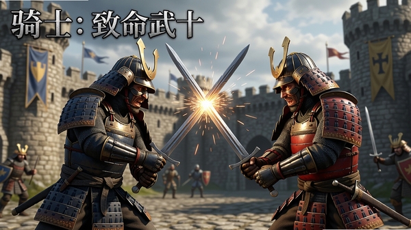 中世纪冷兵器格斗游戏《骑士:致命武士》电脑版,展示两名武士在城堡场景中对决,刀剑碰撞火花四溅,背景有城墙和旗帜,写实风格,光影细腻。