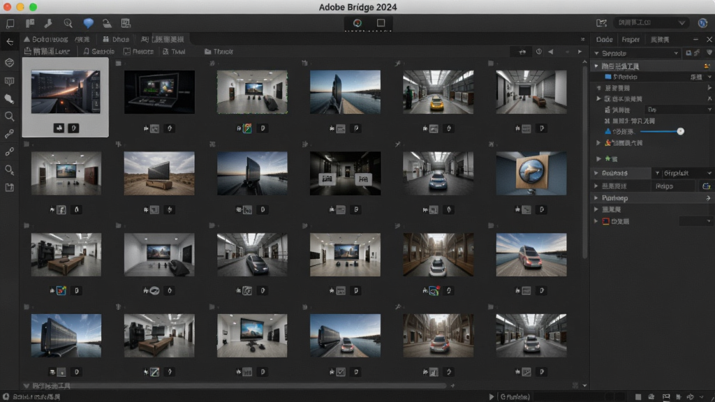 Adobe Bridge 2024中文版(附激活工具) 画面主体:软件主界面显示缩略图网格,背景:暗色界面,坐标:中央偏左,风格:高清截图