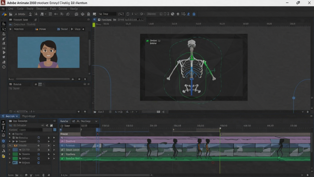 Adobe Animate 2020中文免费版 主界面展示 矢量动画编辑 时间轴面板 舞台画布 骨骼动画示例