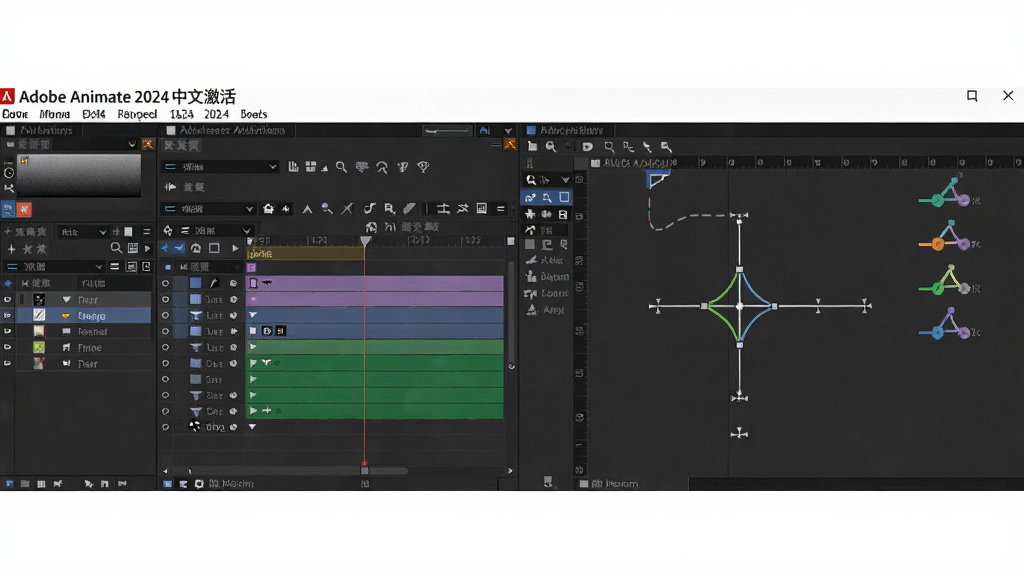 提示词:全景展示Adobe Animate 2024中文激活版界面,左侧是时间轴和图层,右侧是舞台和骨骼绑定工具,背景为深色工作区,上方有菜单栏和工具栏,突出专业动画制作氛围,适配Boogu模型