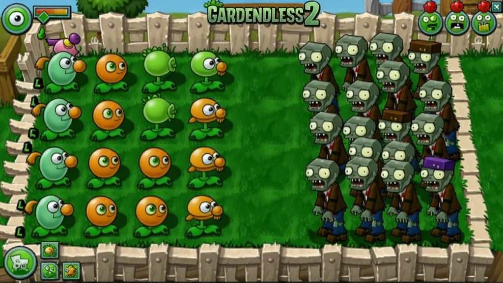 植物大战僵尸2Gardendless沙盒模式电脑版,画面左侧为摆放整齐的植物阵列,右侧为汹涌而来的僵尸大军,背景是草地花园,电脑屏幕显示完整布局,适配Boogu模型
