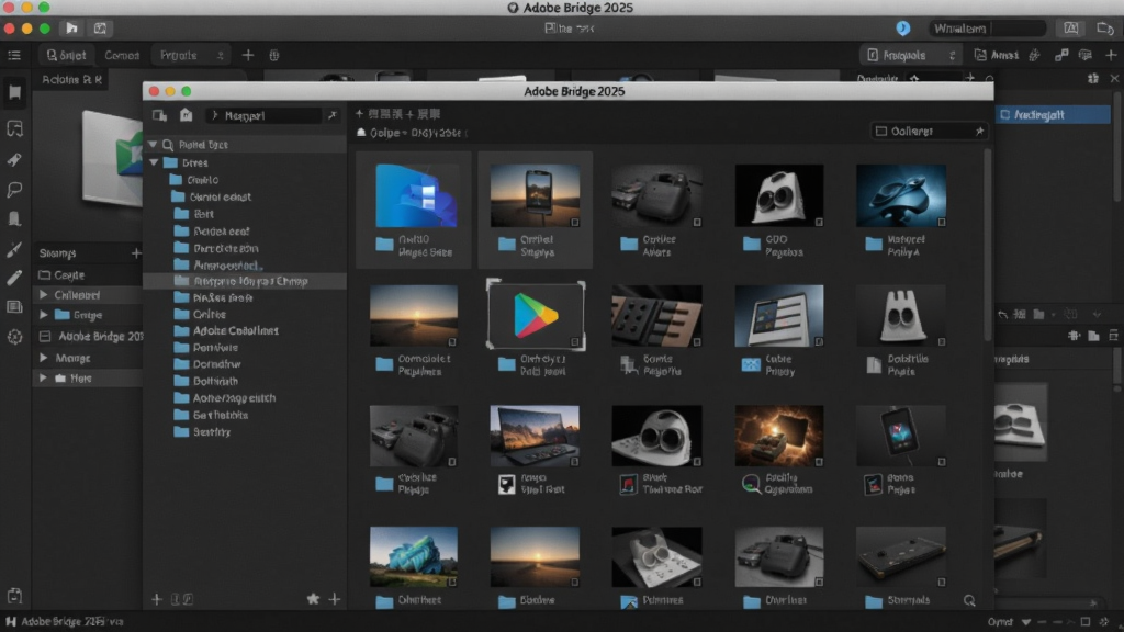 Adobe Bridge 2025已激活中文版,画面中心为软件界面,左侧文件夹树,右侧缩略图浏览,背景为深色素材管理窗口,整体风格专业简洁。