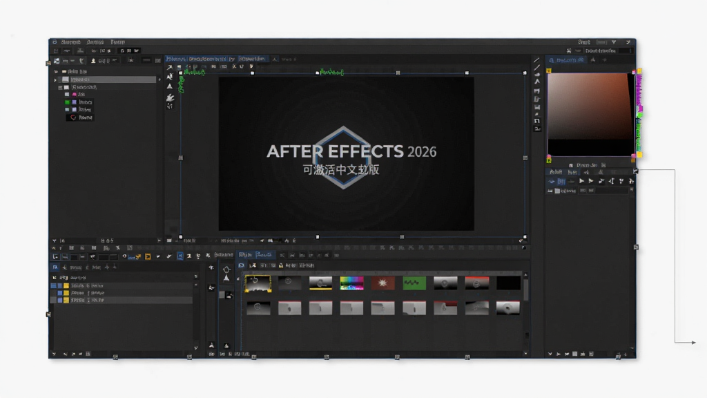 提示词要求:概括软件核心全貌,必须包含Adobe After Effects 2026可激活中文版;指定画面主体坐标与背景区域,适配Boogu模型生成。