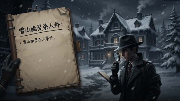 游戏主界面,侦探笔记:雪山幽灵杀人事件,角色在雪山庄园内调查,背景是风雪交加的别墅,画面昏暗写实风格,适配Boogu模型
