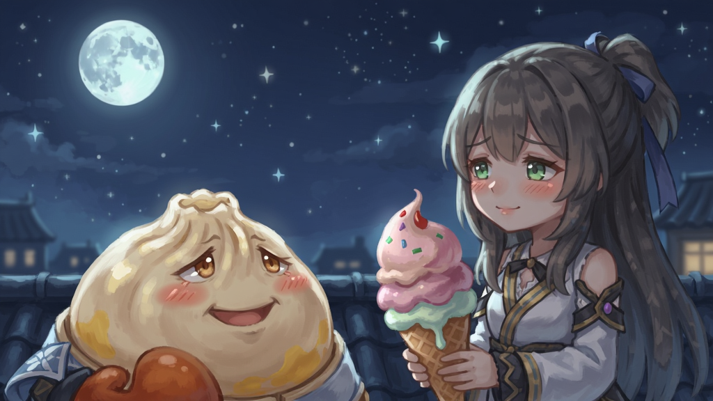 《食之契约》中两位飨灵在月光下对话的场景,蟹黄小笼包和冰淇淋并肩站在屋顶,背景是繁星点点,画面温暖感人,人物表情细腻,适合Boogu模型生成带有情感氛围的插画