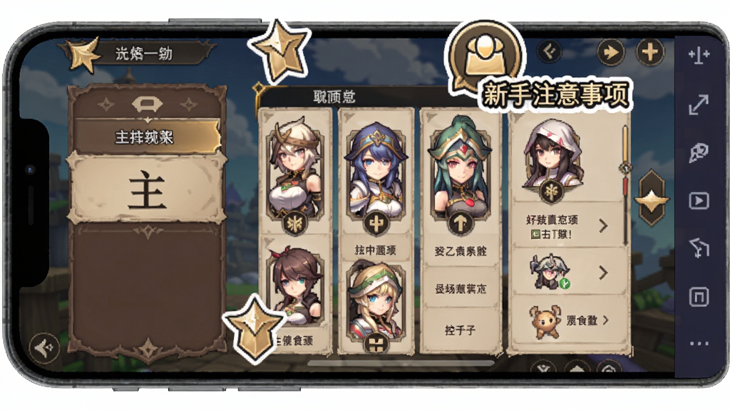 手机或模拟器上运行食之契约游戏的实际界面截图,画面显示主菜单和角色列表,周围标注了新手注意事项图标,整体清晰易读,适合Boogu模型生成教学风格的图片