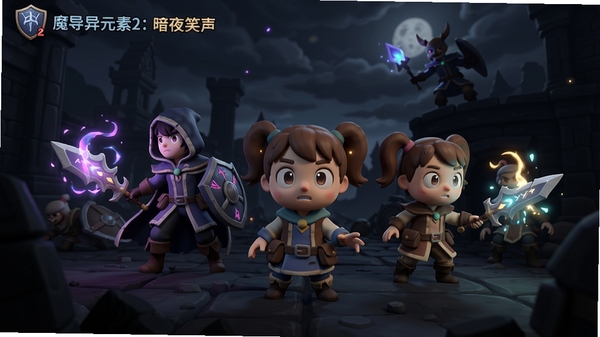 提示词:魔导异元素2:暗夜笑声游戏画面,魔导小队暗夜战场,魔法特效,Boogu模型生成