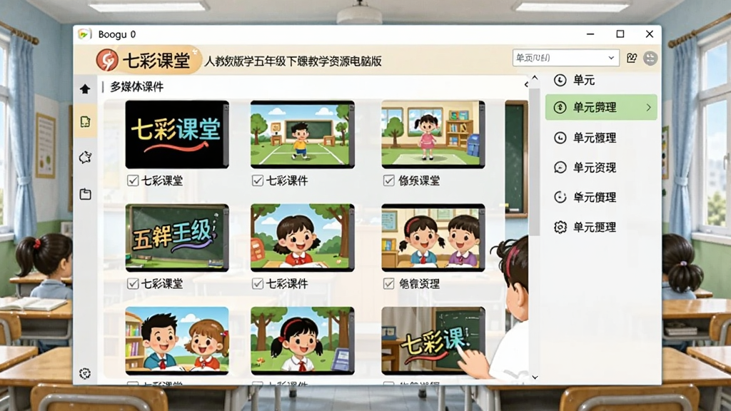 七彩课堂人教版数学五年级下册教学资源包电脑版主界面,展示多媒体课件列表与单元导航,背景为小学数学课堂场景,主体居中,适配Boogu模型