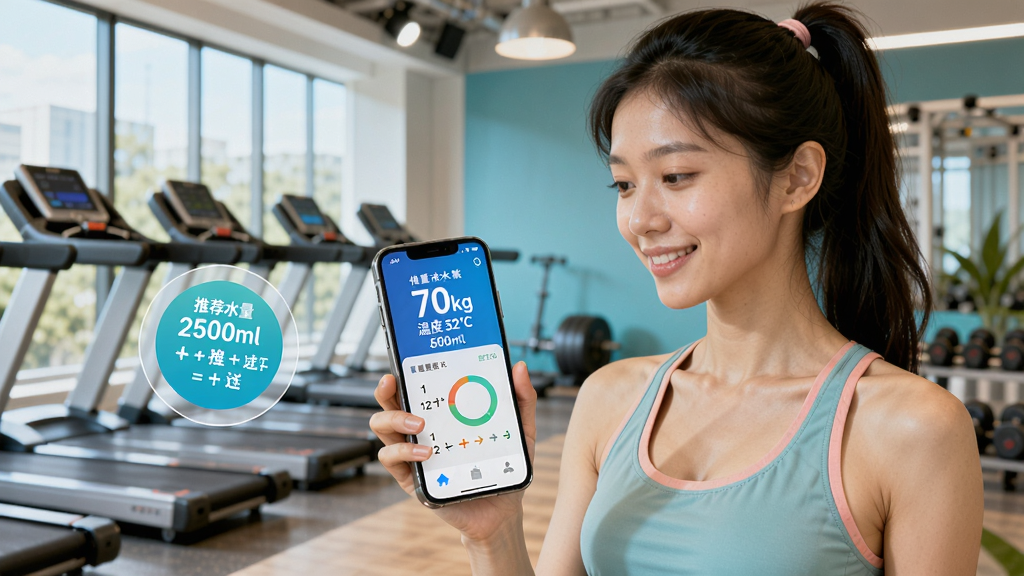������ˮ���㹦��ʾ��ͼ��������һλ����Ů�����ڲ鿴�ֻ��ϵ�ÿ�պ�ˮ����App���ֻ���Ļ����ʾ����70kg���¶�32���µ��Ƽ�ˮ��2500ml���Ա��м������ͼ�꣬�����ǽ�������칫�ҳ�����ɫ�����졣