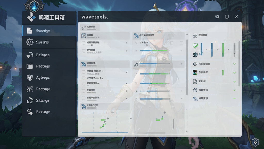 鸣潮工具箱wavetools主界面展示,左侧功能菜单,右侧数据面板,背景为游戏壁纸
