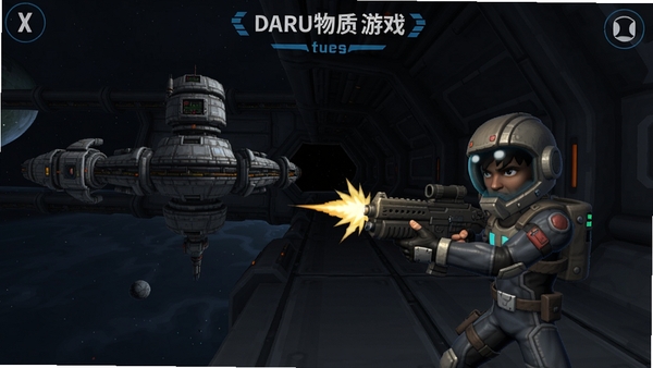 暗物质游戏主界面截图,展示太空站场景和主角持枪战斗,背景为黑暗的走廊,适配Boogu模型生成
