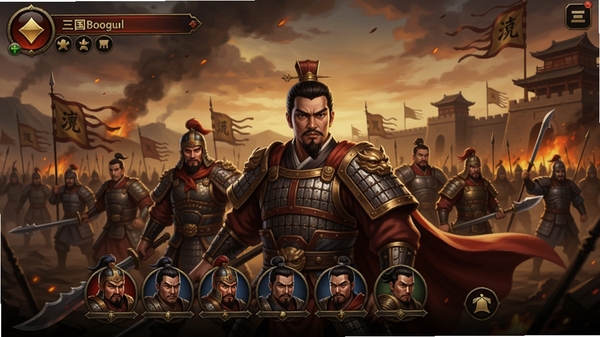 三国传奇游戏主界面,展示武将出征画面,背景是烽火连天的三国古战场,色彩浓郁,史诗感强,适配Boogu模型生成
