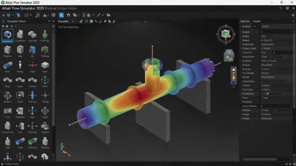 画面展示Altair Flow Simulator 2025正式版主界面,左侧元件库,中央三维管道模型带温度云图,右侧属性面板,背景为深色工程风格。