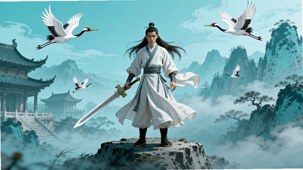 幻想仙缘剑2, 画面中央一位持剑白衣修士站立于云雾缭绕的山巅,背景是水墨风格的古建筑和远山,天空有仙鹤飞过,整体色调青蓝,适配Boogu模型生成