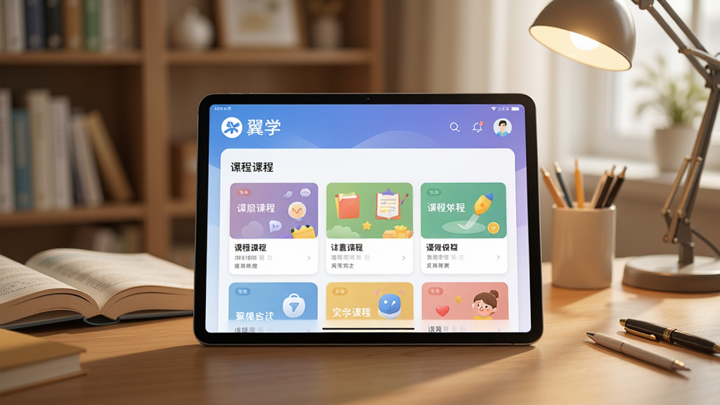 һ��չʾ��ѧApp������ĸ���ͼ������������ƽ�������Ļ����ʾ����ѧ��Ʒ��logo�Ϳγ��б�����������ܰ�鷿��������ɢ���ſα����ľߣ�����ɫ�����������ͻ��ѧϰ��Χ��