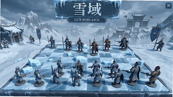 雪域游戏主界面,冰雪战场,棋盘格布局,士兵与将领模型,背景雪山