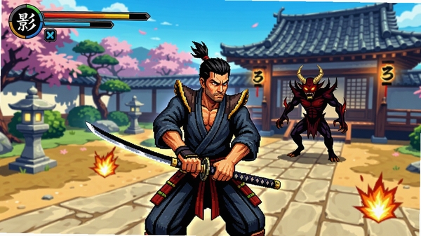 影子武士电脑版游戏截图,主角手持武士刀站在日本风格庭院中,背景有恶魔敌人,第一人称视角,画面色彩鲜艳,动作场景