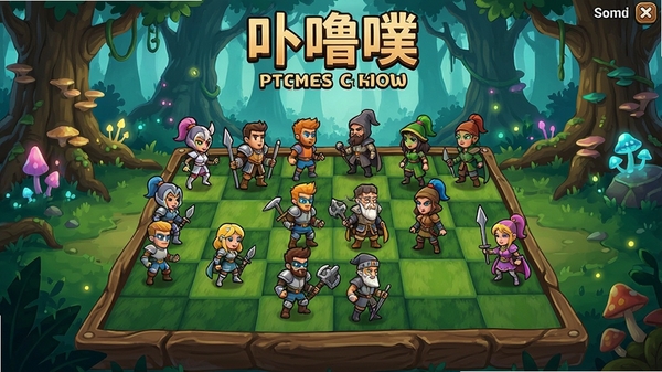 卟噜噗电脑版策略战棋游戏主界面,卡通风格,多个角色站位棋盘,背景为奇幻森林