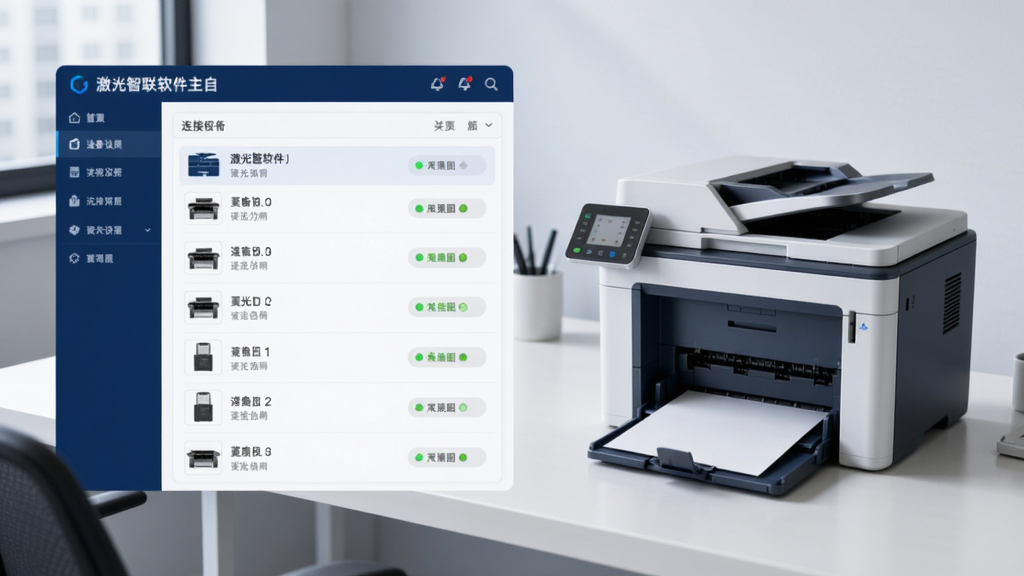 �������������������ͼ��չʾ�����豸�б���״ָ̬ʾ�ƣ�����Ϊ��Լ�칫�����豸Ϊ�����ӡ����������������������ɫ��Ϊ�������ɫ��ͻ���Ƽ���
