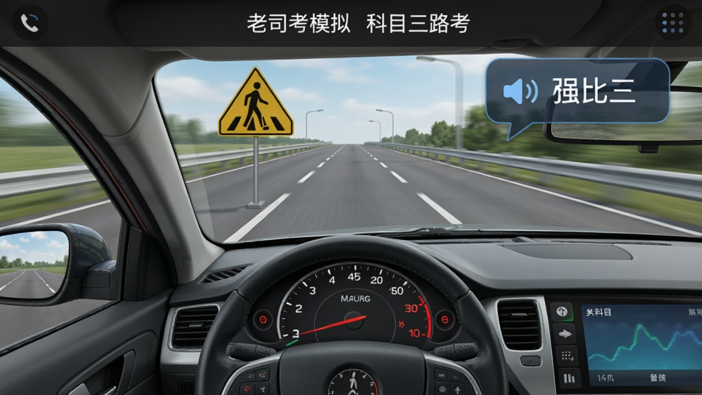 驾考模拟:老司机之路的科目三路考界面,车辆在双向两车道行驶,前方有行人横道标志,仪表盘显示车速和档位,右上角有语音指令气泡,画面具有动态感和真实感。