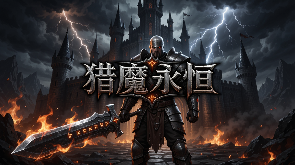 猎魔永恒游戏主界面,一个手持巨剑的战士站在暗黑风格的城堡前,背景有火焰和雷电特效,画面中央有游戏logo,整体呈现暗黑魔幻风格,细节丰富,色彩对比强烈,光影效果真实,适合作为游戏宣传图。