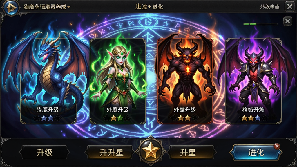 猎魔永恒魔灵养成界面,展示多个不同属性的魔灵角色,有龙、精灵、恶魔等,画面色彩丰富,魔灵有发光特效,背景是魔法阵,界面UI精致,包含升级、升星、进化按钮。