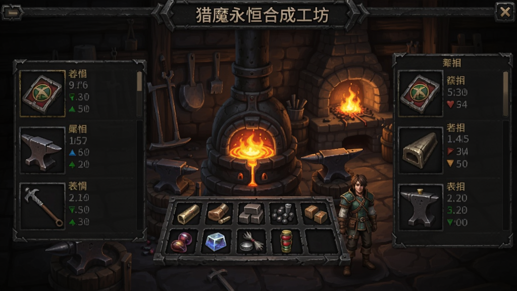 猎魔永恒合成工坊界面截图,中间有熔炉和材料槽,旁边显示装备属性预览,界面风格暗黑,有金属质感,背景是铁匠铺,火焰跳动,角色站在旁边等待合成。