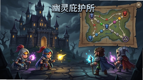 幽灵庇护所,游戏主界面,英雄队伍在阴森城堡前对峙,战术地图背景,光影效果,Boogu风格