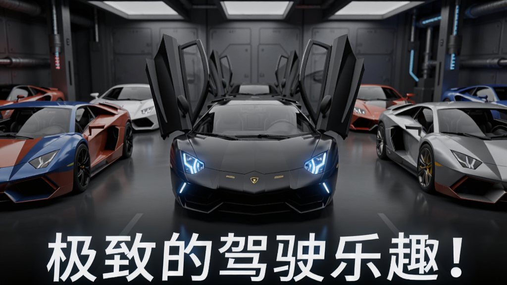 一个三维车库界面,展示多辆炫酷跑车排列成行,正中央是一辆黑色兰博基尼,车门向上打开,车灯亮起,环境光线柔和,背景为未来感工业风,软件名称极致的驾驶乐趣!以发光字显示在下方。