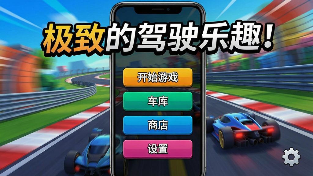 一张手机竖屏游戏截图,显示主菜单界面,背景是动态赛道,菜单按钮有“开始游戏”、“车库”、“商店”、“设置”等,整体UI简洁现代,软件名称极致的驾驶乐趣!突出显示,色彩明快。