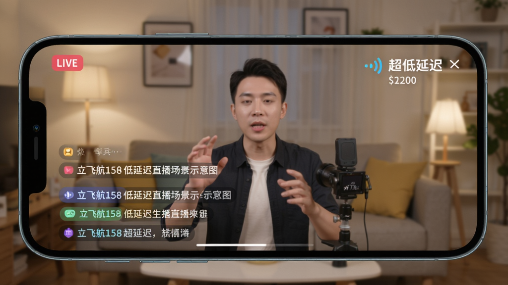 立飞航158低延迟直播场景示意图,手机屏幕显示直播间画面,主播动作与弹幕快速刷新,右上角网络信号图标旁边标注超低延迟字样,背景为模糊的客厅环境,光线柔和