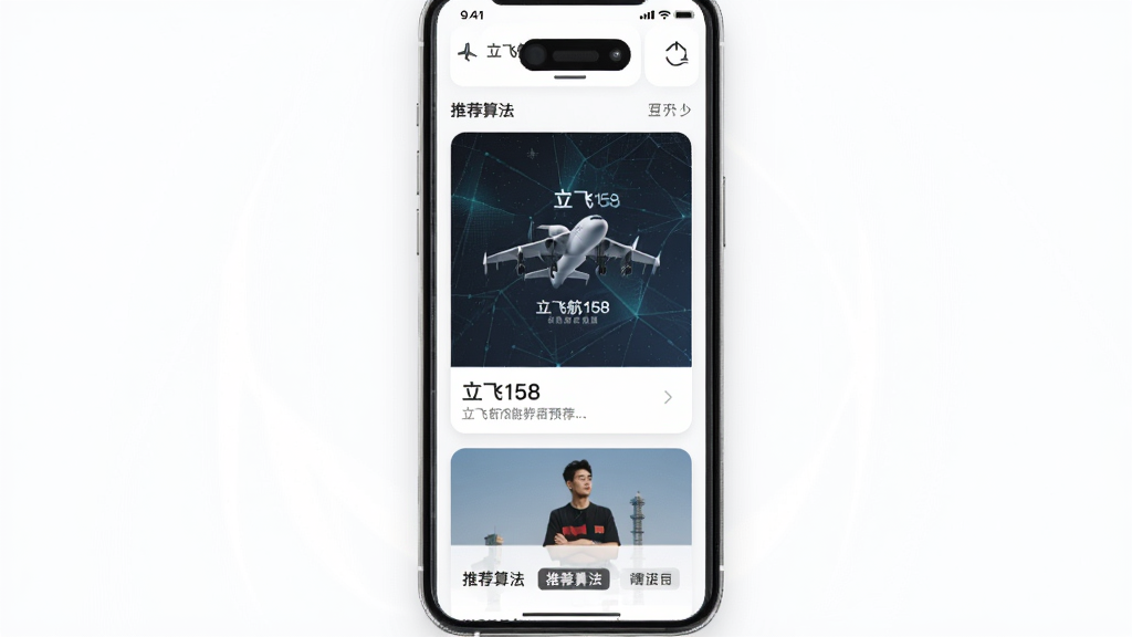 立飞航158智能推荐界面预览,手机屏幕展示瀑布流形式的内容卡片,包含不同风格封面图,底部有推荐算法标签,背景为极简白色,整体干净明亮