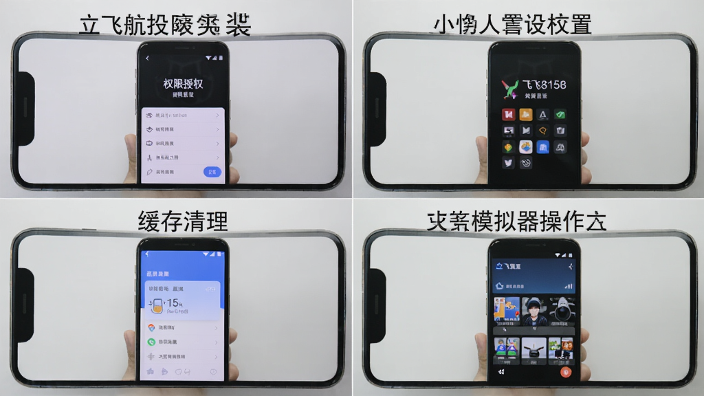 立飞航158安装与设置步骤图解,手机屏幕分成四格分别展示权限授权、画质设置、缓存清理、模拟器操作界面,背景为浅灰色,每格配简短文字说明