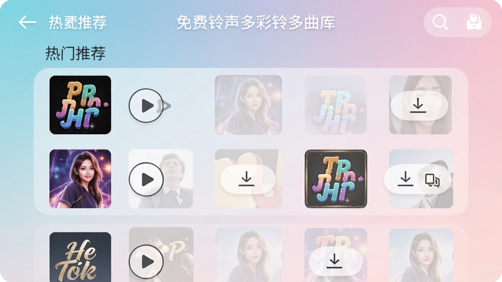 免费铃声多彩铃多曲库界面,手机屏幕上显示热门推荐列表,歌曲封面五颜六色,背景为柔和渐变,每首歌带有播放按钮和下载按钮,画面干净整洁