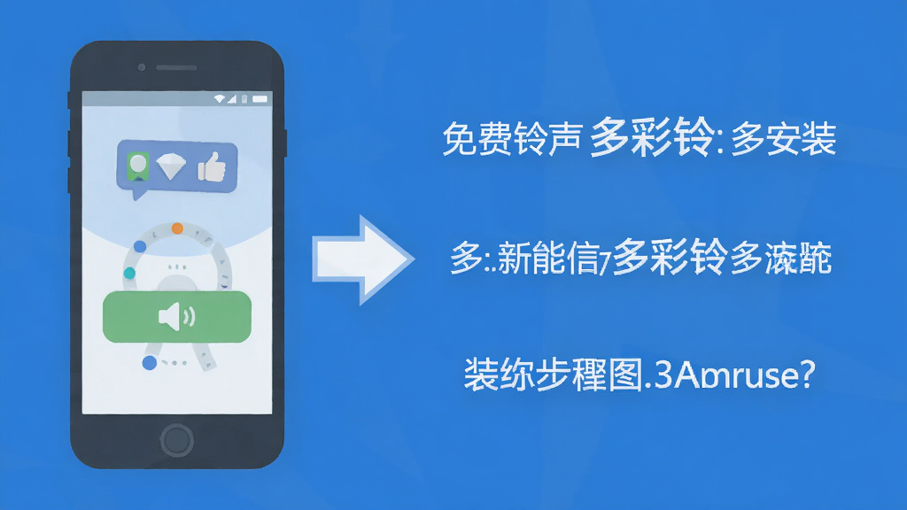 免费铃声多彩铃多安装步骤流程图,左侧手机图标显示安装界面,右侧文字说明,背景蓝色,箭头指示流程,风格扁平化