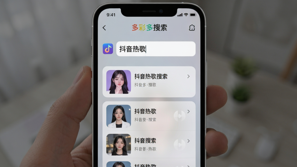 免费铃声多彩铃多搜索界面,输入框内显示“抖音热歌”,下方搜索结果列表带缩略图,背景为浅灰色毛玻璃效果,手机屏幕高亮显示搜索行为