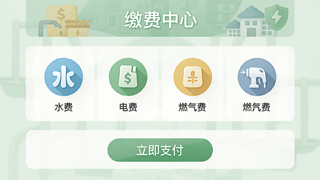 鿶��ɷѹ��ܽ��棬������ʾ���ɷ����ġ����м��г�ˮ�ѡ���ѡ�ȼ���ѵ�ͼ�꣬�ײ�������֧����ť������Ϊǳ��ɫ������ͻ����ȫ����