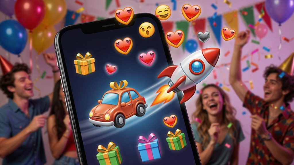 A smartphone screen with colorful gift icons like a car and a rocket flying across the screen, heart-shaped emojis raining down, lively party background, Boogu model.
