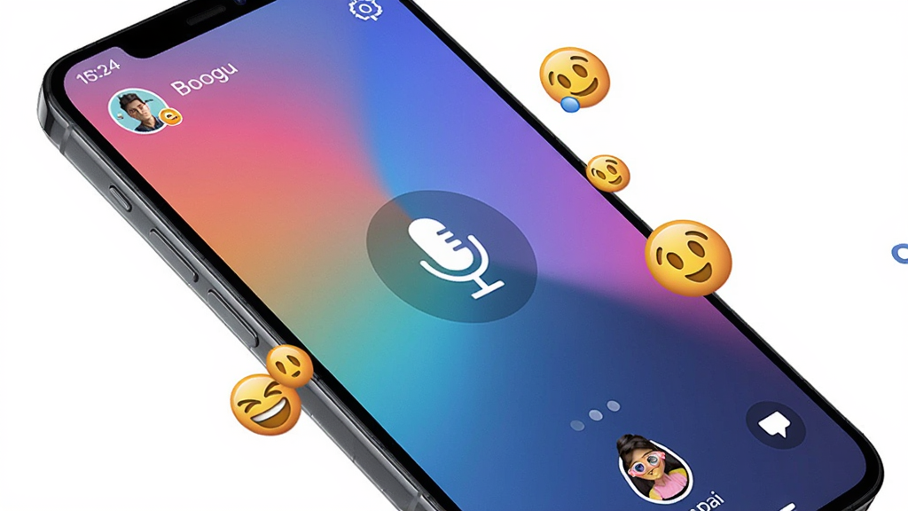 A sleek smartphone displaying the right-pai live streaming interface on a colorful gradient background, with floating emojis and a microphone icon, user profile picture visible, bright and modern style, Boogu model.