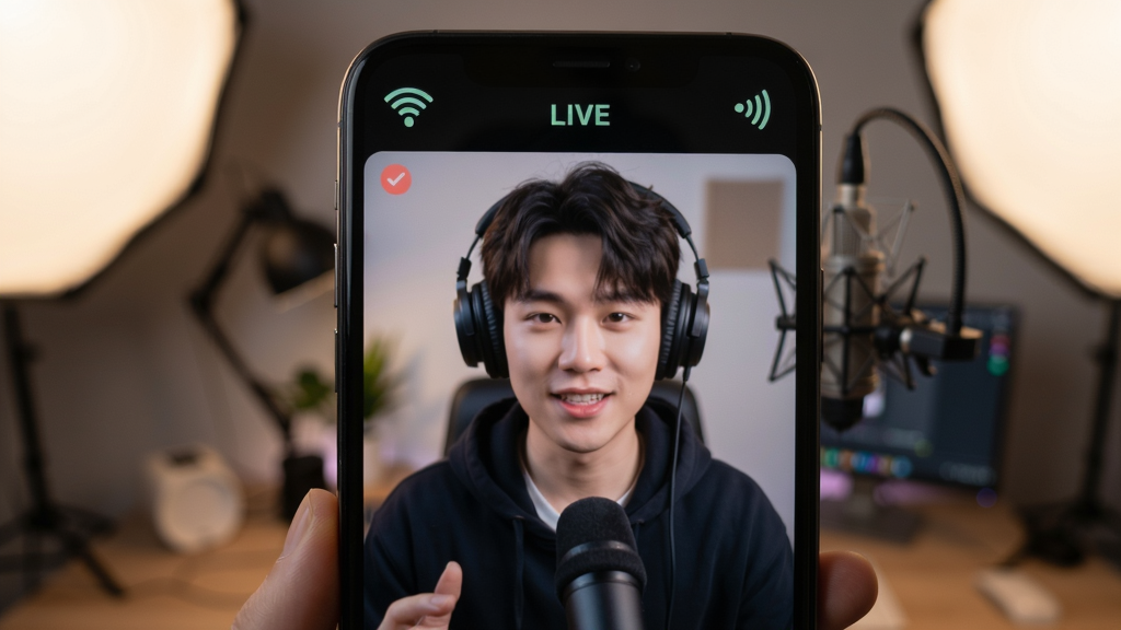 A close-up of a mobile screen showing a live streamer with clear video quality, a stable network indicator icon on top, soft studio lighting effect, Boogu model.